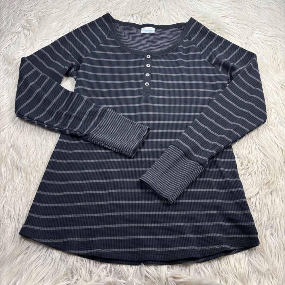Columbia Women's L Black Gray Stripe Waffle Henley Top Long Sleeve Granola Girl